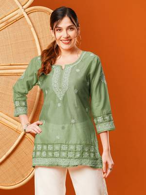 Hand Embroidered Green Chanderi Lucknowi Chikankari Short Kurti 1