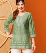 Hand Embroidered Green Chanderi Lucknowi Chikankari Short Kurti