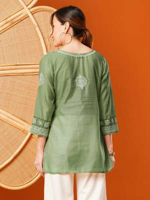 Hand Embroidered Green Chanderi Lucknowi Chikankari Short Kurti 2