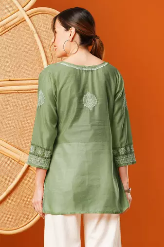 Hand Embroidered Green Chanderi Lucknowi Chikankari Short Kurti