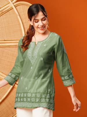Hand Embroidered Green Chanderi Lucknowi Chikankari Short Kurti 3