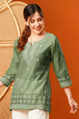 Hand Embroidered Green Chanderi Lucknowi Chikankari Short Kurti