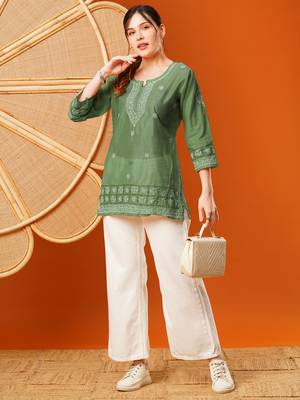 Hand Embroidered Green Chanderi Lucknowi Chikankari Short Kurti 4