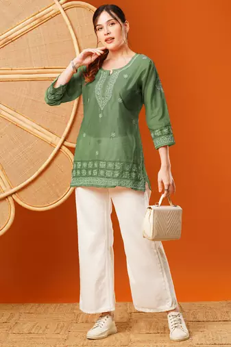 Hand Embroidered Green Chanderi Lucknowi Chikankari Short Kurti