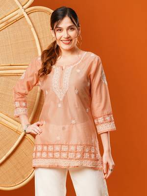 Hand Embroidered Peach Chanderi Lucknowi Chikankari Short Kurti 1