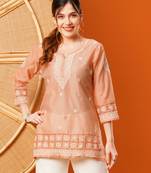 Hand Embroidered Peach Chanderi Lucknowi Chikankari Short Kurti