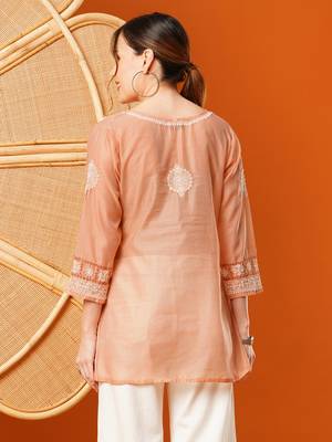 Hand Embroidered Peach Chanderi Lucknowi Chikankari Short Kurti 2