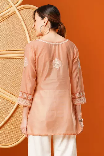 Hand Embroidered Peach Chanderi Lucknowi Chikankari Short Kurti