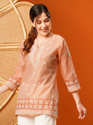 Hand Embroidered Peach Chanderi Lucknowi Chikankari Short Kurti 3