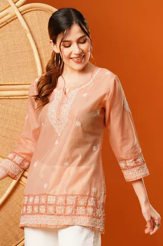 Hand Embroidered Peach Chanderi Lucknowi Chikankari Short Kurti