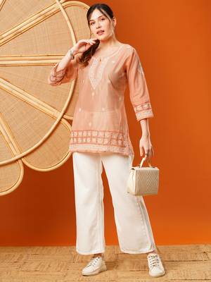Hand Embroidered Peach Chanderi Lucknowi Chikankari Short Kurti 4