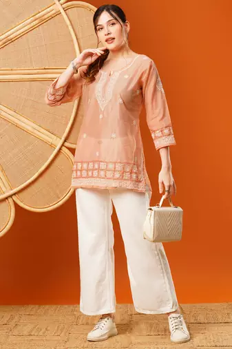 Hand Embroidered Peach Chanderi Lucknowi Chikankari Short Kurti