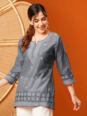 Hand Embroidered Grey Chanderi Lucknowi Chikankari Short Kurti 1