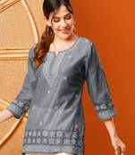 Hand Embroidered Grey Chanderi Lucknowi Chikankari Short Kurti