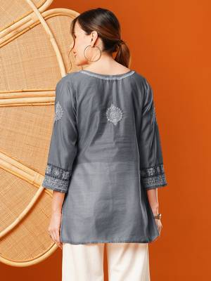 Hand Embroidered Grey Chanderi Lucknowi Chikankari Short Kurti 2