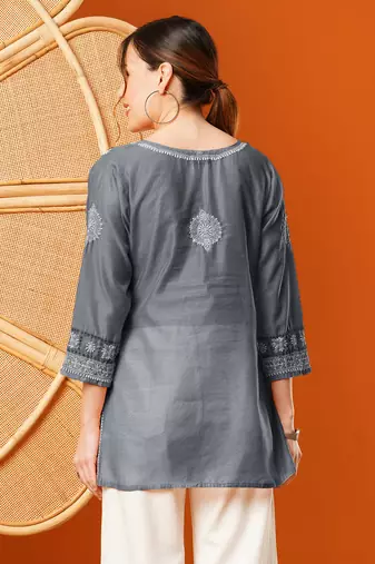 Hand Embroidered Grey Chanderi Lucknowi Chikankari Short Kurti