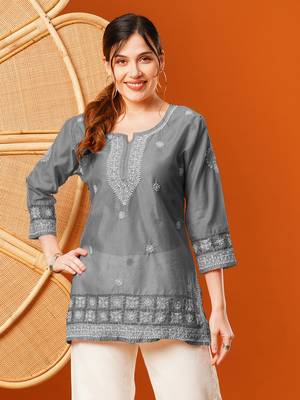 Hand Embroidered Grey Chanderi Lucknowi Chikankari Short Kurti 3