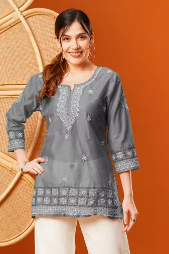 Hand Embroidered Grey Chanderi Lucknowi Chikankari Short Kurti