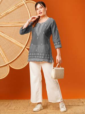 Hand Embroidered Grey Chanderi Lucknowi Chikankari Short Kurti 4