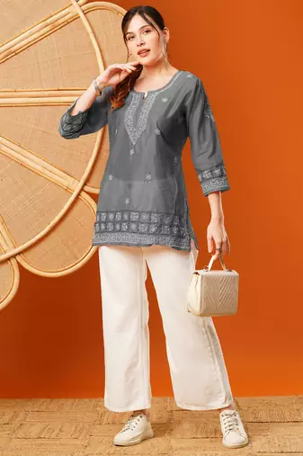 Hand Embroidered Grey Chanderi Lucknowi Chikankari Short Kurti