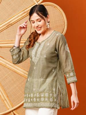 Hand Embroidered Olive Green Chanderi Lucknowi Chikankari Short Kurti 1