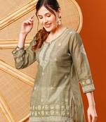 Hand Embroidered Olive Green Chanderi Lucknowi Chikankari Short Kurti