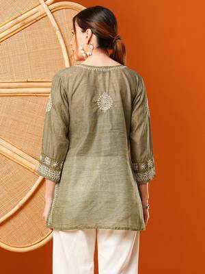 Hand Embroidered Olive Green Chanderi Lucknowi Chikankari Short Kurti 2