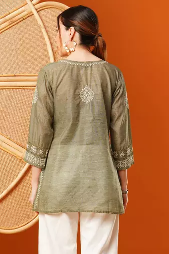 Hand Embroidered Olive Green Chanderi Lucknowi Chikankari Short Kurti