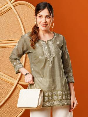 Hand Embroidered Olive Green Chanderi Lucknowi Chikankari Short Kurti 3