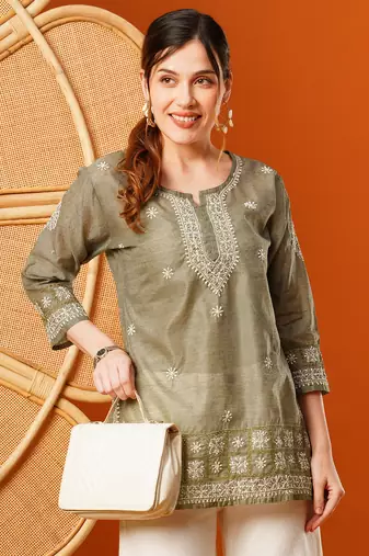 Hand Embroidered Olive Green Chanderi Lucknowi Chikankari Short Kurti
