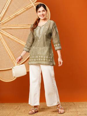 Hand Embroidered Olive Green Chanderi Lucknowi Chikankari Short Kurti 4