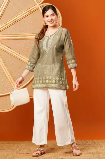 Hand Embroidered Olive Green Chanderi Lucknowi Chikankari Short Kurti