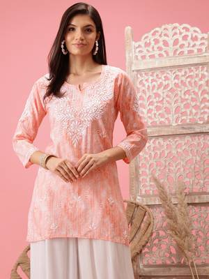 Hand Embroidered Peach Cotton Lucknowi Chikankari Short Kurti 1