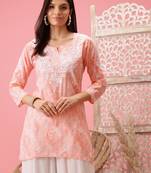 Hand Embroidered Peach Cotton Lucknowi Chikankari Short Kurti