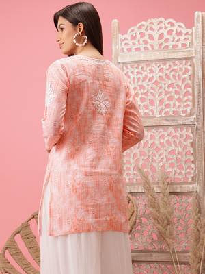 Hand Embroidered Peach Cotton Lucknowi Chikankari Short Kurti 2
