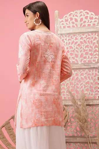 Hand Embroidered Peach Cotton Lucknowi Chikankari Short Kurti