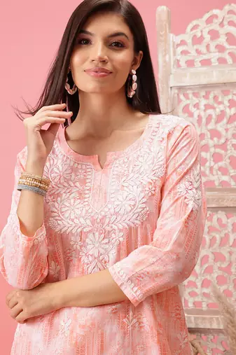 Hand Embroidered Peach Cotton Lucknowi Chikankari Short Kurti
