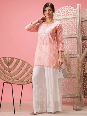 Hand Embroidered Peach Cotton Lucknowi Chikankari Short Kurti 4