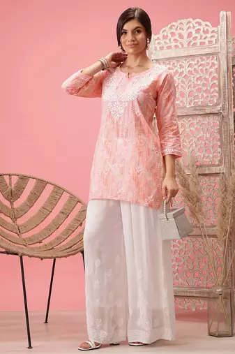 Hand Embroidered Peach Cotton Lucknowi Chikankari Short Kurti