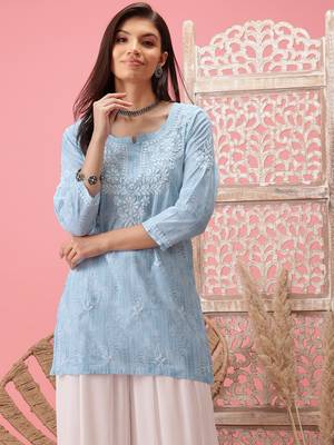 Hand Embroidered Blue Cotton Lucknowi Chikankari Short Kurti 1