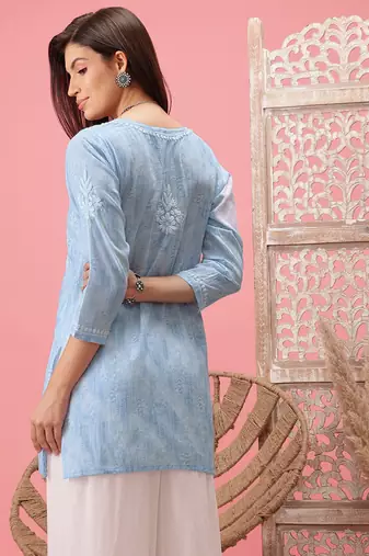 Hand Embroidered Blue Cotton Lucknowi Chikankari Short Kurti