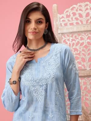 Hand Embroidered Blue Cotton Lucknowi Chikankari Short Kurti 3