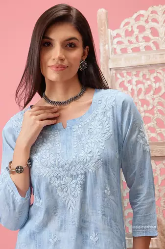 Hand Embroidered Blue Cotton Lucknowi Chikankari Short Kurti