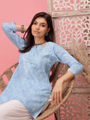 Hand Embroidered Blue Cotton Lucknowi Chikankari Short Kurti 4