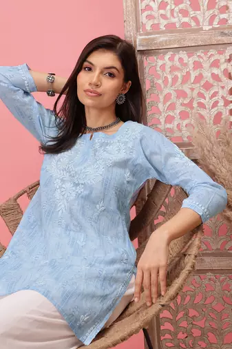 Hand Embroidered Blue Cotton Lucknowi Chikankari Short Kurti