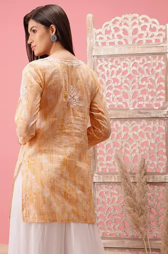 Hand Embroidered Yellow Cotton Lucknowi Chikankari Short Kurti