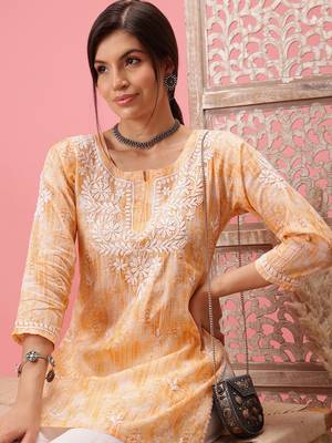 Hand Embroidered Yellow Cotton Lucknowi Chikankari Short Kurti 3