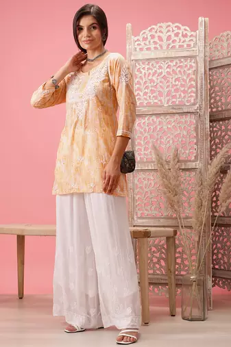 Hand Embroidered Yellow Cotton Lucknowi Chikankari Short Kurti