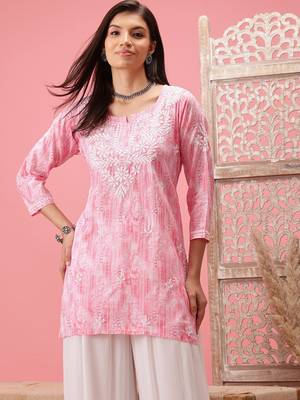 Hand Embroidered Pink Cotton Lucknowi Chikankari Short Kurti 1