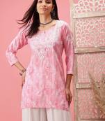 Hand Embroidered Pink Cotton Lucknowi Chikankari Short Kurti